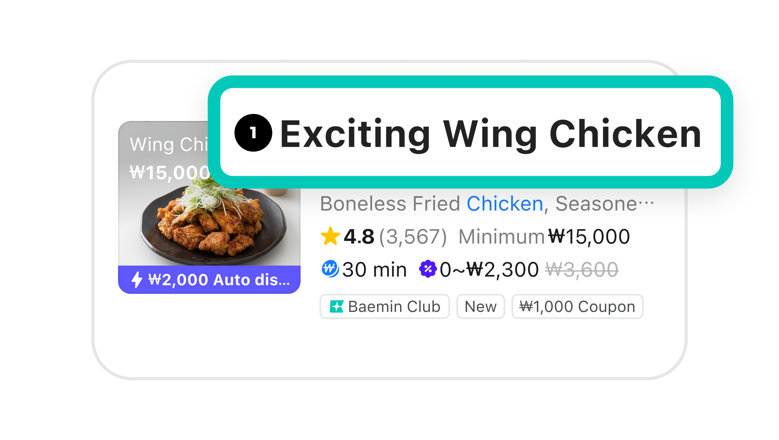 가게배달 화면에서 볼 수 있는 각 음식점들의 가게 정보. 실제 앱 화면에는 번호가 없지만, 이해를 돕기 위해 임의로 번호를 달아 설명했다. 가게명과 쿠폰 사용 가능 여부를 볼 수 있는 곳이 강조되어 있다.